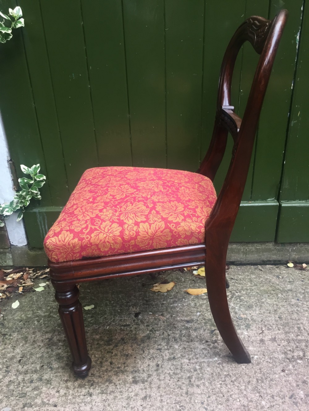 A set of six early nineteenth-century George IV mahogany dining chairs featuring carved balloon back frames, reeded legs, and red pattern upholstered seats. View XIII