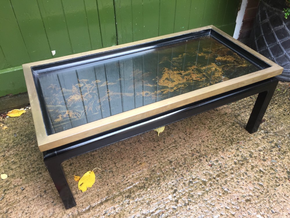 Chic early C20th Chinese design low reception or coffee table incorporating an C18th Chinoiserie lacquer panel. View II