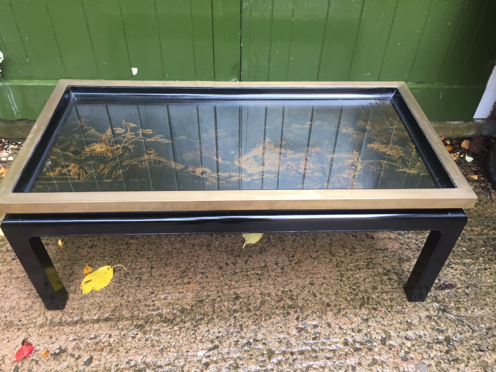 Chic early C20th Chinese design low reception or coffee table incorporating an C18th Chinoiserie lacquer panel. View VIII