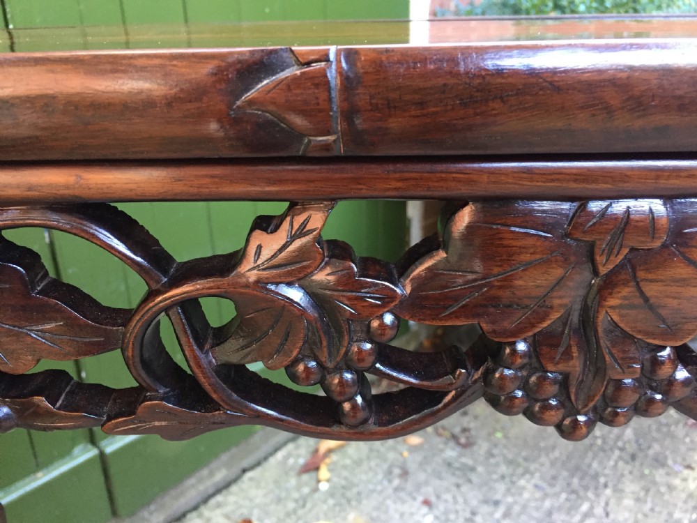 Fine quality late C19th Chinese Qing Dynasty carved hardwood scroll-ended 'altar' or console table of elegant proportions. View VII