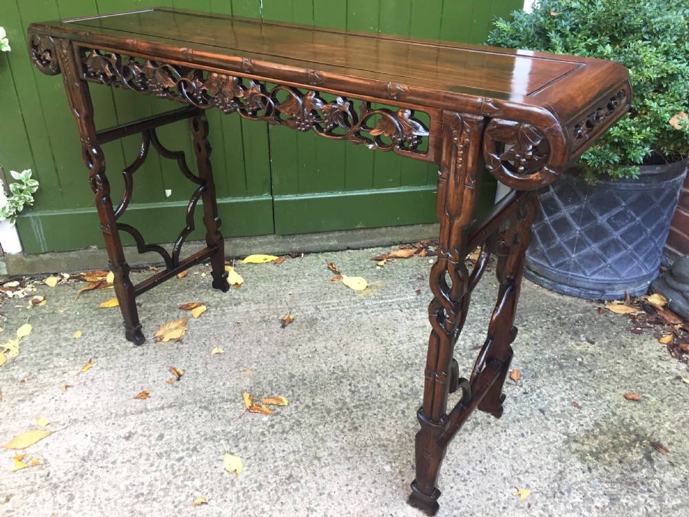 Fine quality late C19th Chinese Qing Dynasty carved hardwood scroll-ended 'altar' or console table of elegant proportions. View XI
