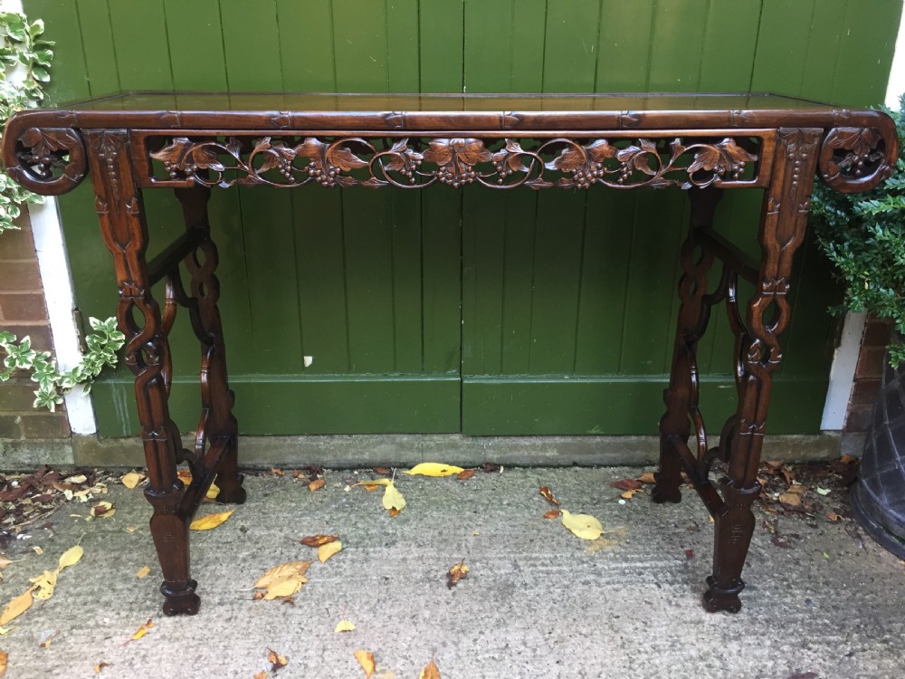 Fine quality late C19th Chinese Qing Dynasty carved hardwood scroll-ended 'altar' or console table of elegant proportions. View XV