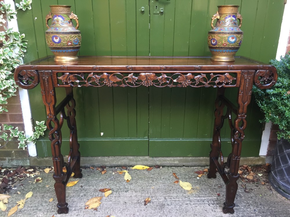 Fine quality late C19th Chinese Qing Dynasty carved hardwood scroll-ended 'altar' or console table of elegant proportions. View XVI
