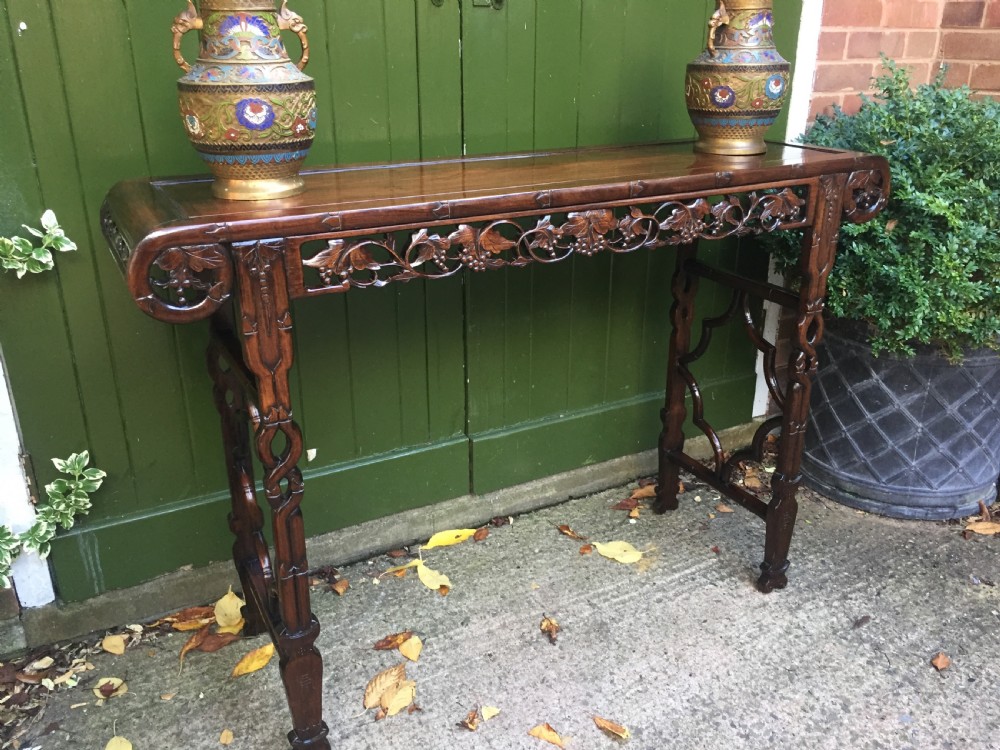 Fine quality late C19th Chinese Qing Dynasty carved hardwood scroll-ended 'altar' or console table of elegant proportions. View XVII