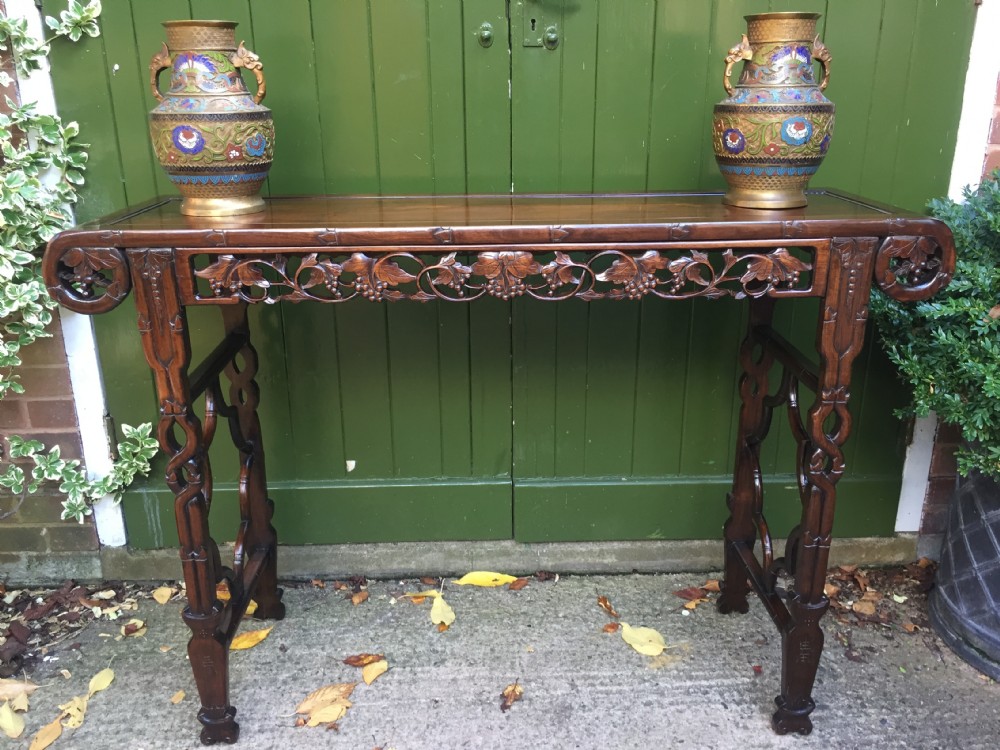 Fine quality late C19th Chinese Qing Dynasty carved hardwood scroll-ended 'altar' or console table of elegant proportions. View XII