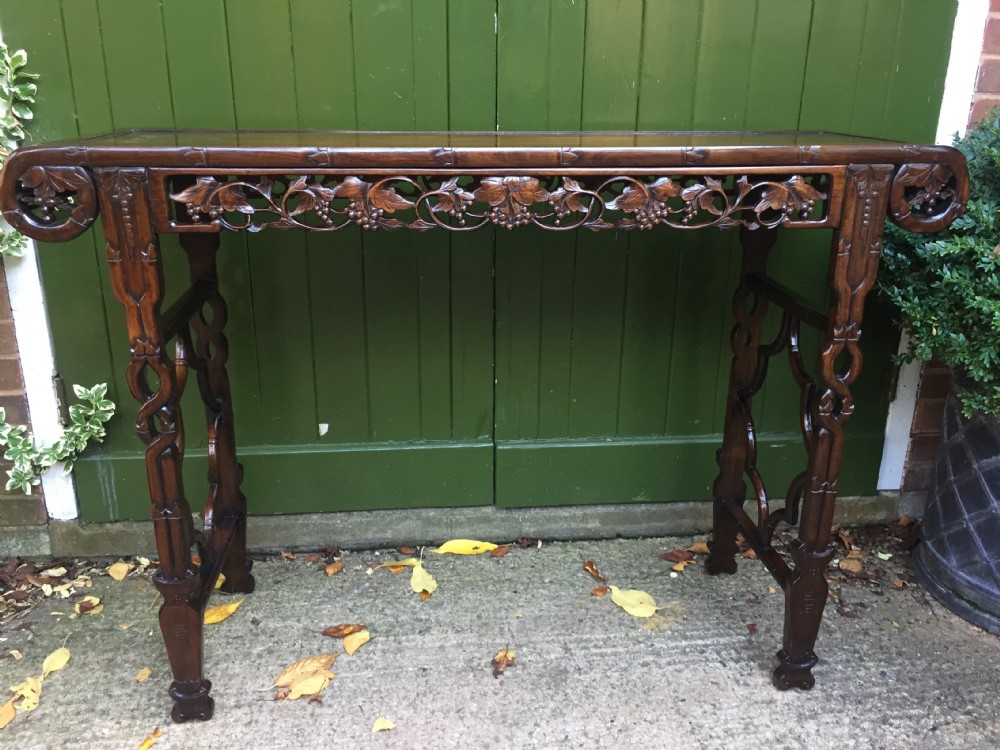 Fine quality late C19th Chinese Qing Dynasty carved hardwood scroll-ended 'altar' or console table of elegant proportions. View XX