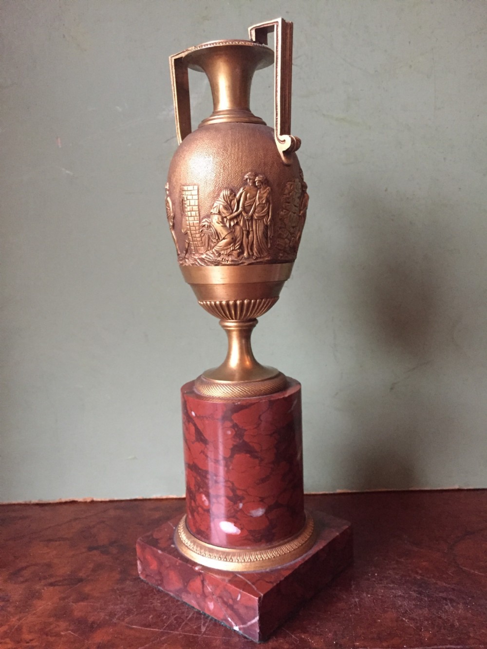 Fine quality early C19th French neo-classical gilt-bronze urn on a 'rouge griotte' marble base. View II