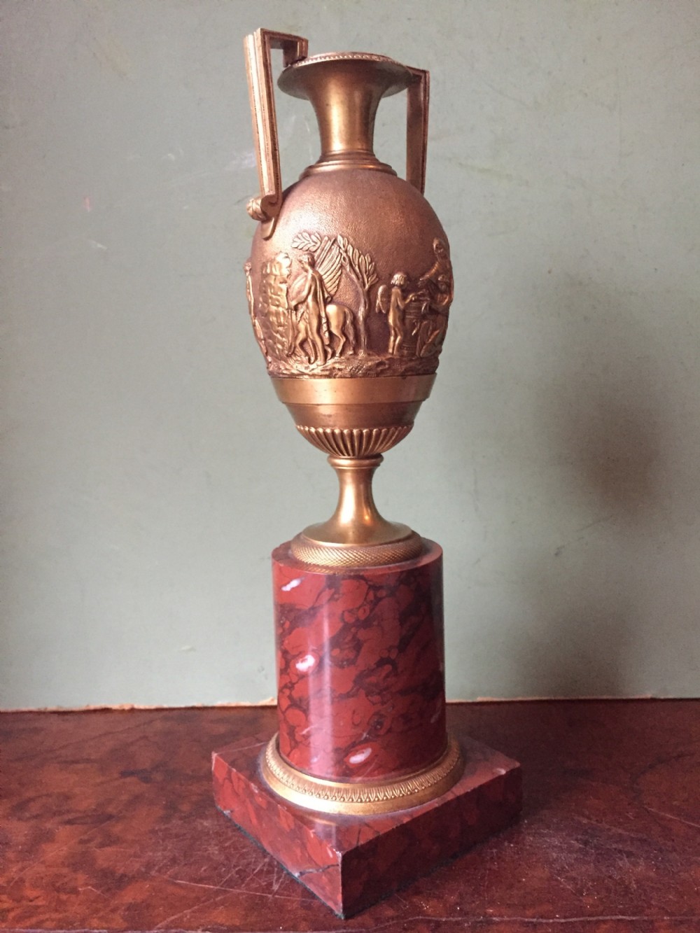 Fine quality early C19th French neo-classical gilt-bronze urn on a 'rouge griotte' marble base. View V