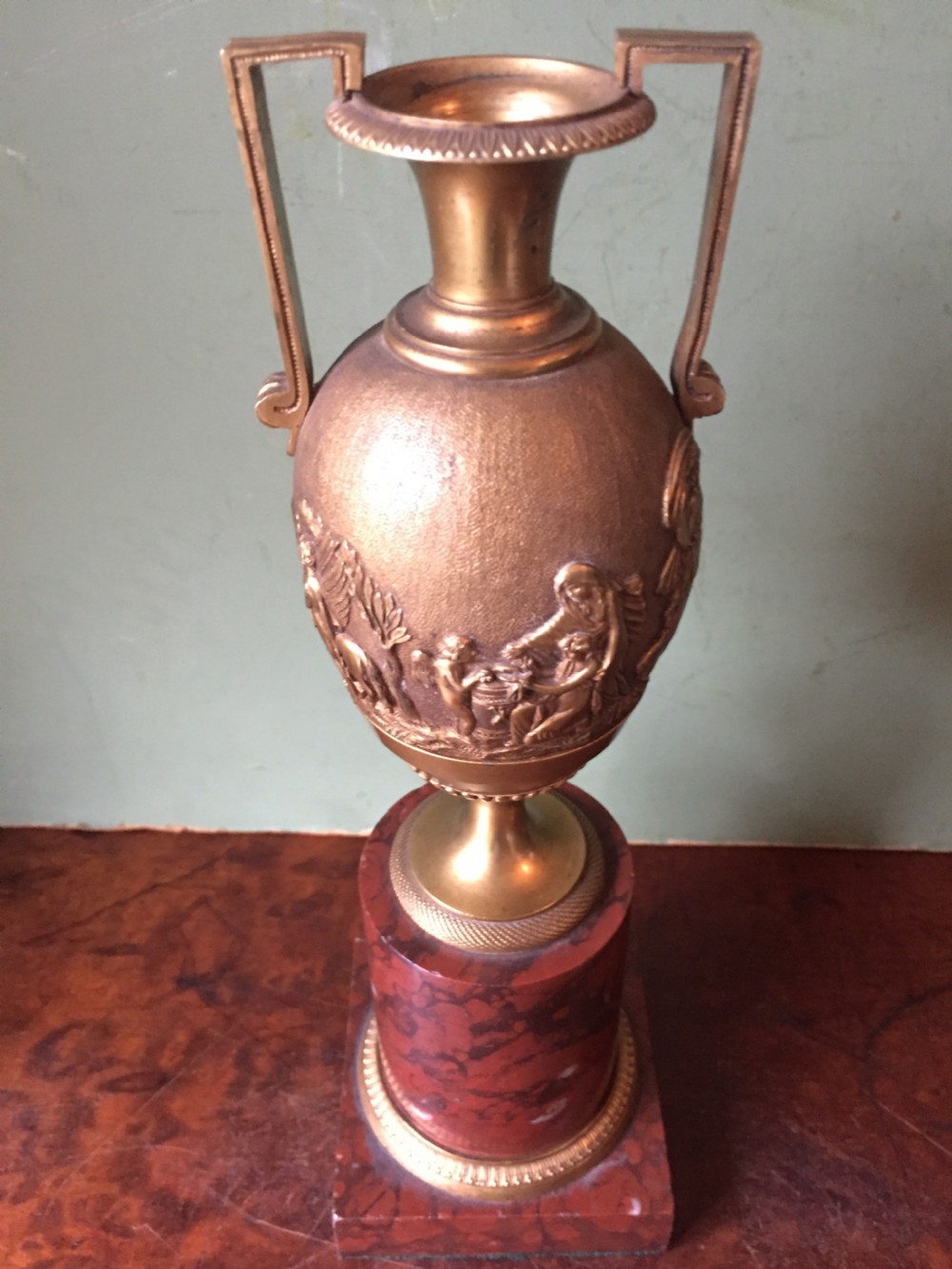 Fine quality early C19th French neo-classical gilt-bronze urn on a 'rouge griotte' marble base. View VII