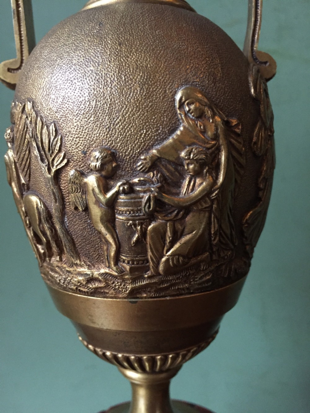 Fine quality early C19th French neo-classical gilt-bronze urn on a 'rouge griotte' marble base. View VIII