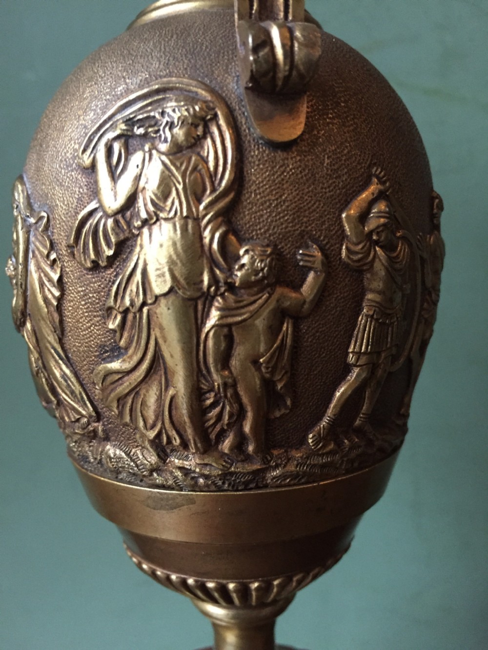 Fine quality early C19th French neo-classical gilt-bronze urn on a 'rouge griotte' marble base. View IX