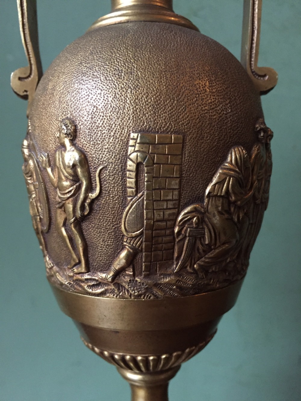 Fine quality early C19th French neo-classical gilt-bronze urn on a 'rouge griotte' marble base. View X