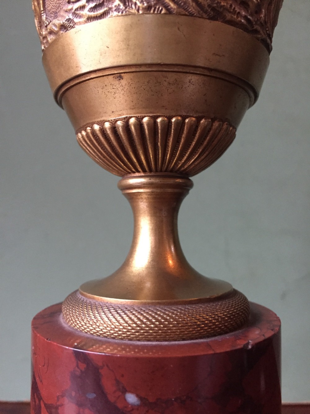 Fine quality early C19th French neo-classical gilt-bronze urn on a 'rouge griotte' marble base. View XII