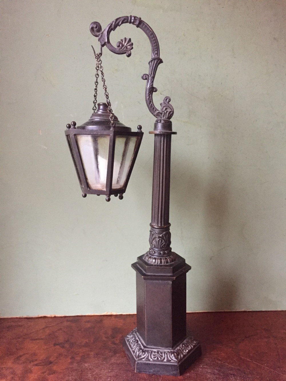 Interesting C19th William IV period bronze desk-top candle-lamp , modelled as a miniature hanging lantern or lamp . View IV