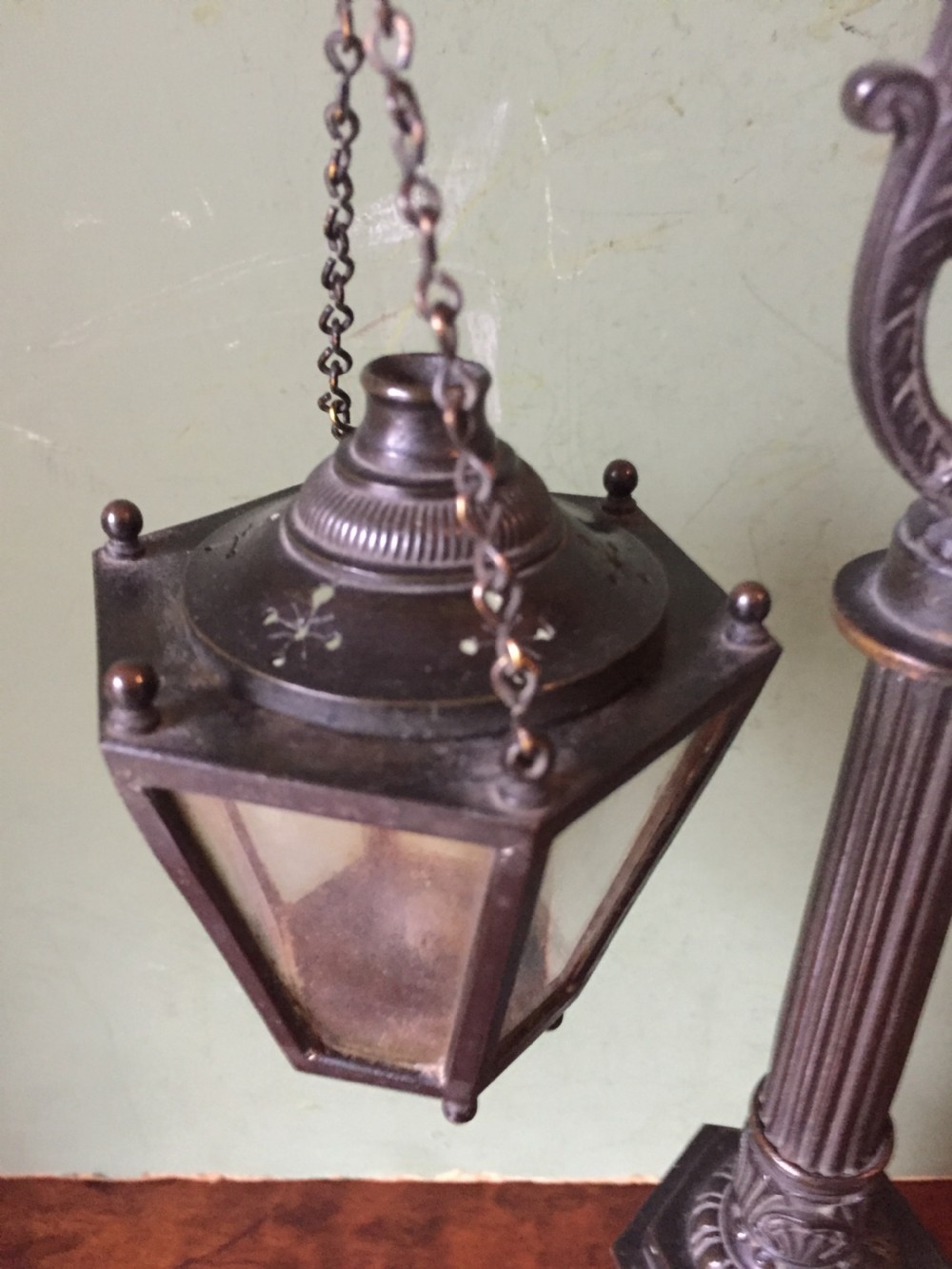 Interesting C19th William IV period bronze desk-top candle-lamp , modelled as a miniature hanging lantern or lamp . View V