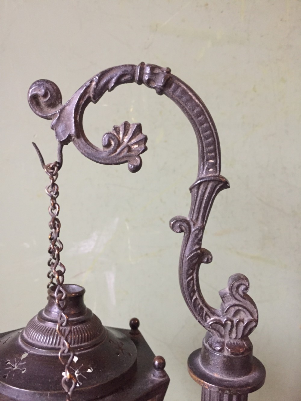 Interesting C19th William IV period bronze desk-top candle-lamp , modelled as a miniature hanging lantern or lamp . View VI