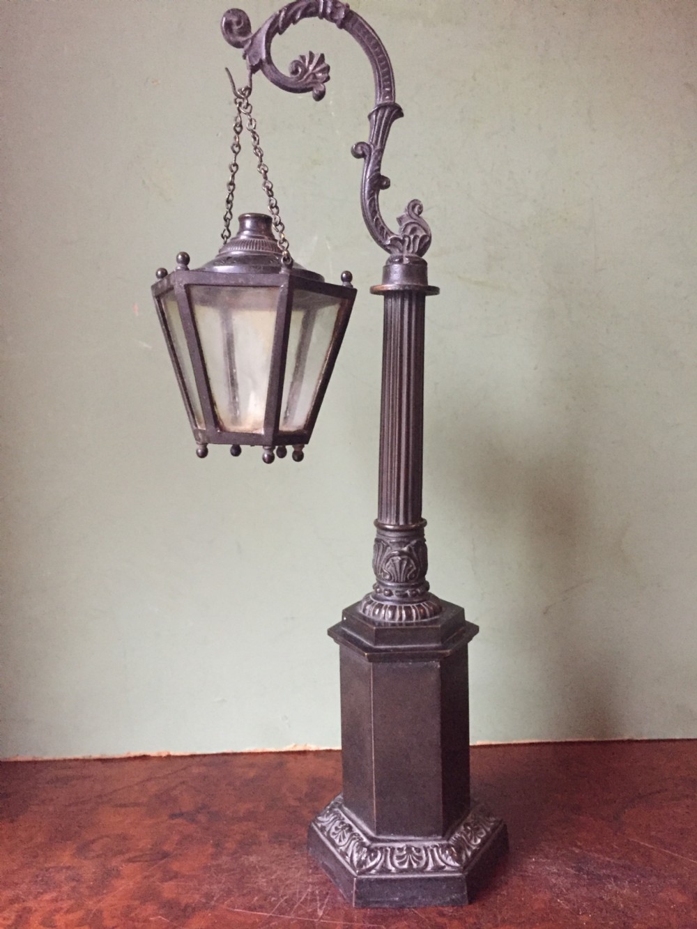 Interesting C19th William IV period bronze desk-top candle-lamp , modelled as a miniature hanging lantern or lamp . View IX