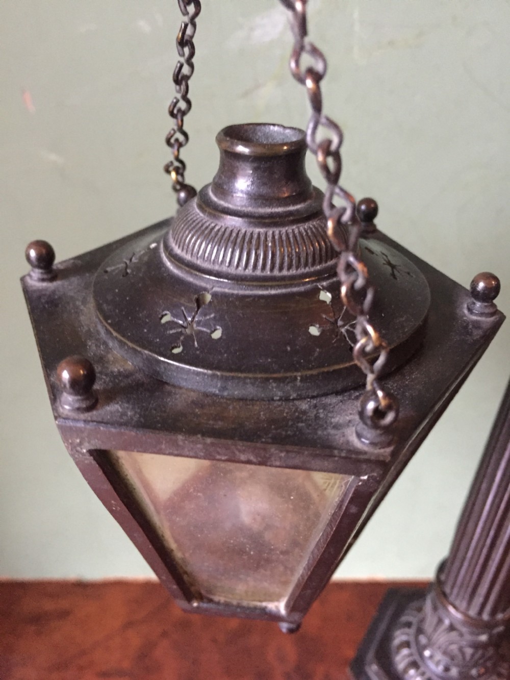 Interesting C19th William IV period bronze desk-top candle-lamp , modelled as a miniature hanging lantern or lamp . View X