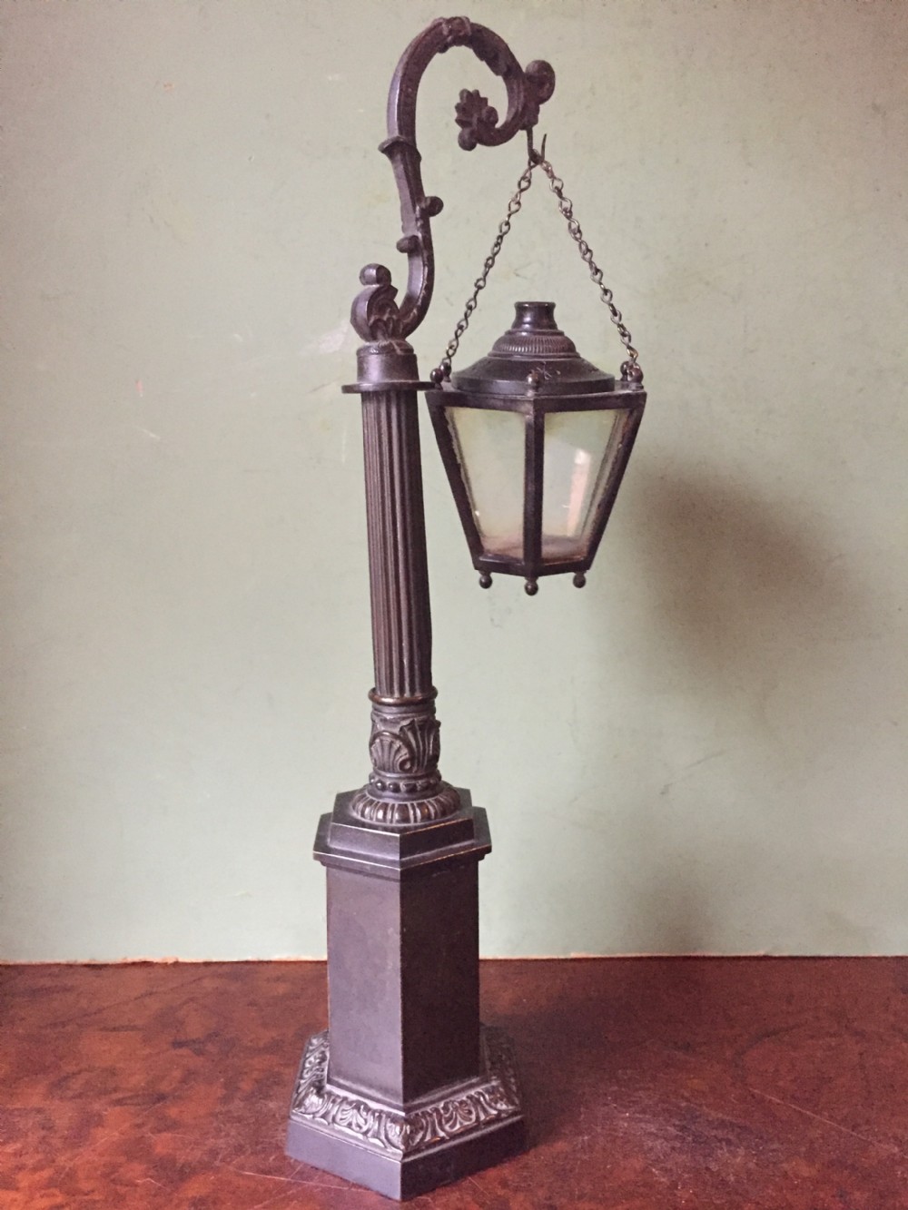 Interesting C19th William IV period bronze desk-top candle-lamp , modelled as a miniature hanging lantern or lamp . View XI