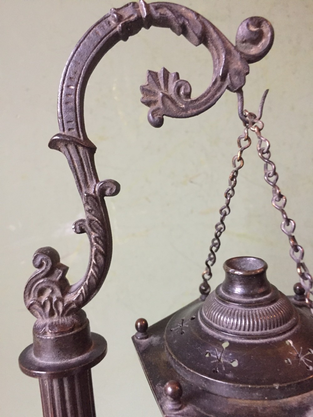 Interesting C19th William IV period bronze desk-top candle-lamp , modelled as a miniature hanging lantern or lamp . View XII