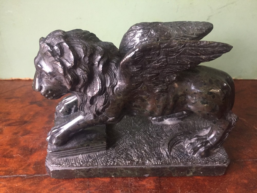C19th Italian 'Grand Tour' souvenir carved serpentine marble sculpture of the Venetian winged Lion of St.Mark . View III