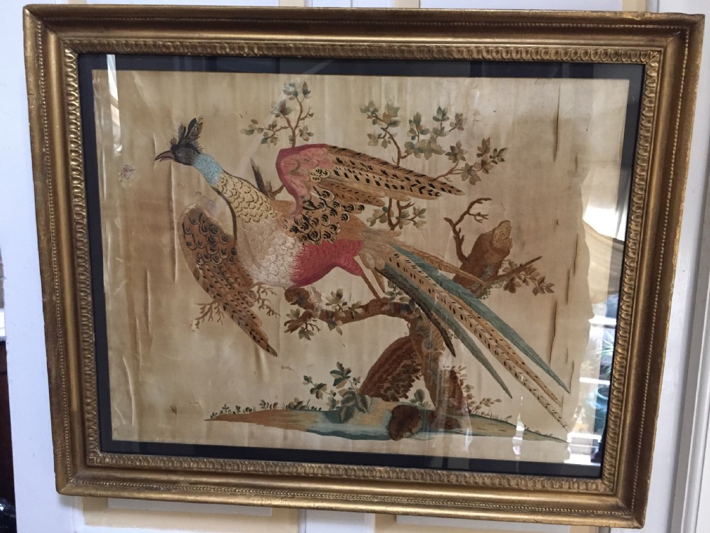 Highly decorative early C19th English silk needlework picture of an exotic Chinese pheasant in original giltwood frame. View III
