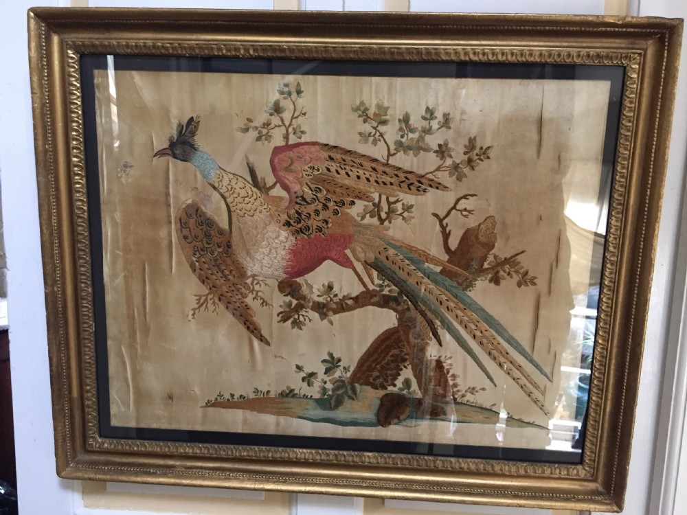 Highly decorative early C19th English silk needlework picture of an exotic Chinese pheasant in original giltwood frame. View IV