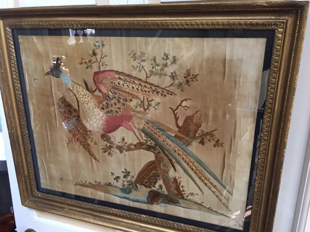 Highly decorative early C19th English silk needlework picture of an exotic Chinese pheasant in original giltwood frame. View V