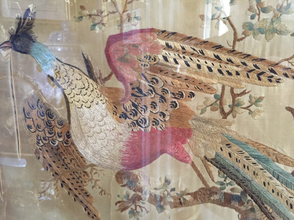 Highly decorative early C19th English silk needlework picture of an exotic Chinese pheasant in original giltwood frame. View VIII