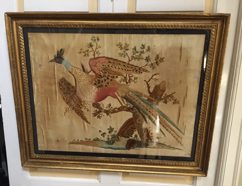Highly decorative early C19th English silk needlework picture of an exotic Chinese pheasant in original giltwood frame.