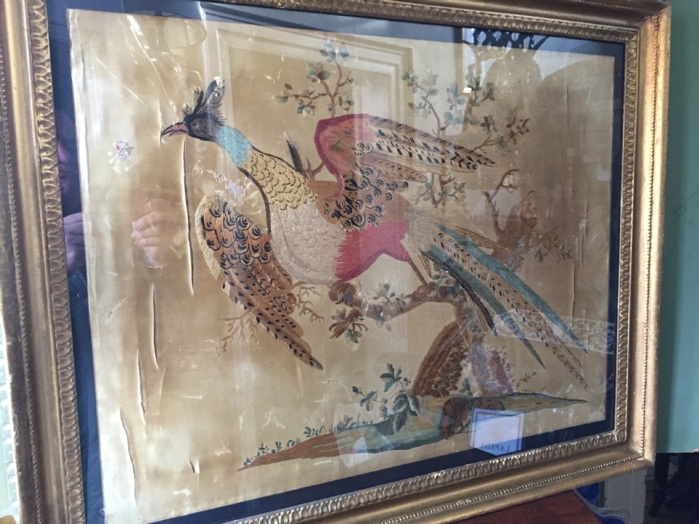 Highly decorative early C19th English silk needlework picture of an exotic Chinese pheasant in original giltwood frame. View IX
