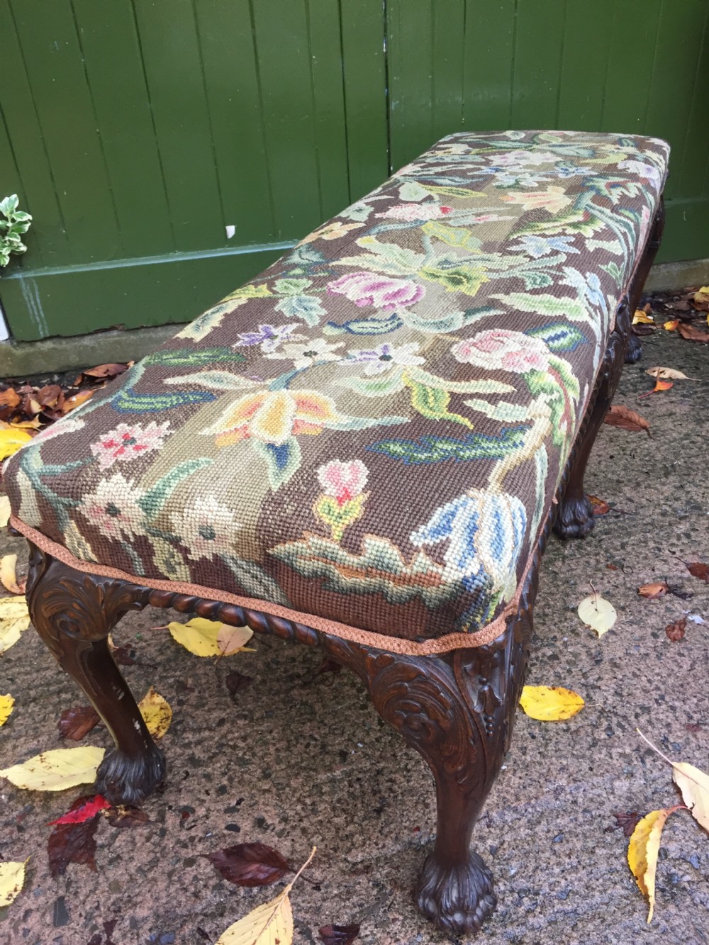 Late C19th George II period style carved mahogany stool or window-seat with needlework tapestry covered top. View VI
