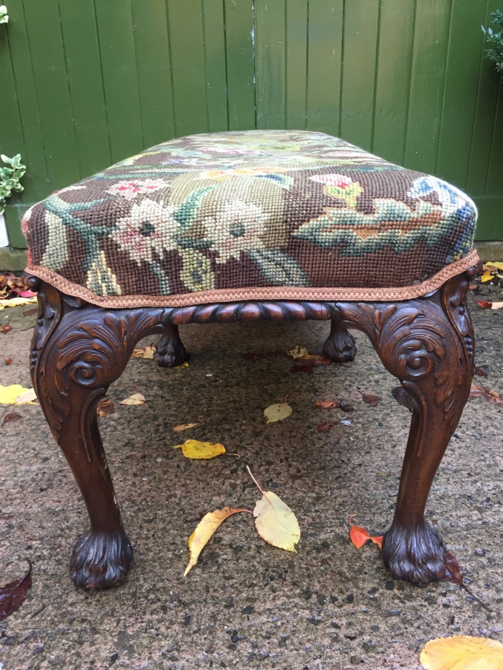 Late C19th George II period style carved mahogany stool or window-seat with needlework tapestry covered top. View VIII
