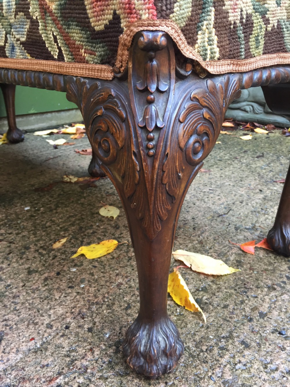 Late C19th George II period style carved mahogany stool or window-seat with needlework tapestry covered top. View IX