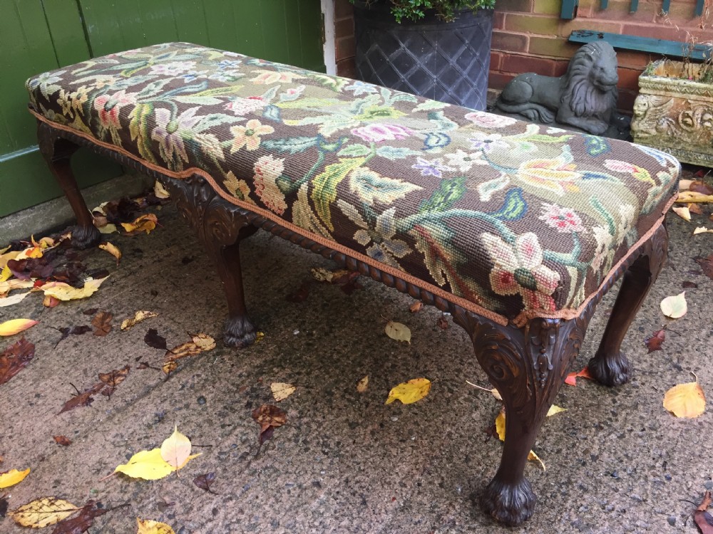 Late C19th George II period style carved mahogany stool or window-seat with needlework tapestry covered top. View X