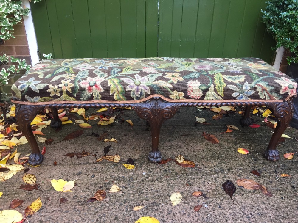 Late C19th George II period style carved mahogany stool or window-seat with needlework tapestry covered top. View XII