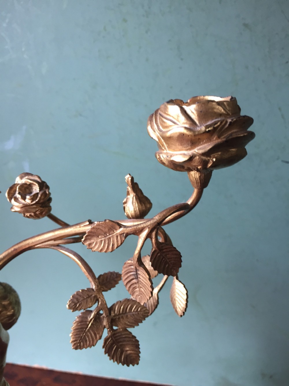 Smart quality pair of French late C19th ormolu bronze and white marble cherub candelabras. View VII
