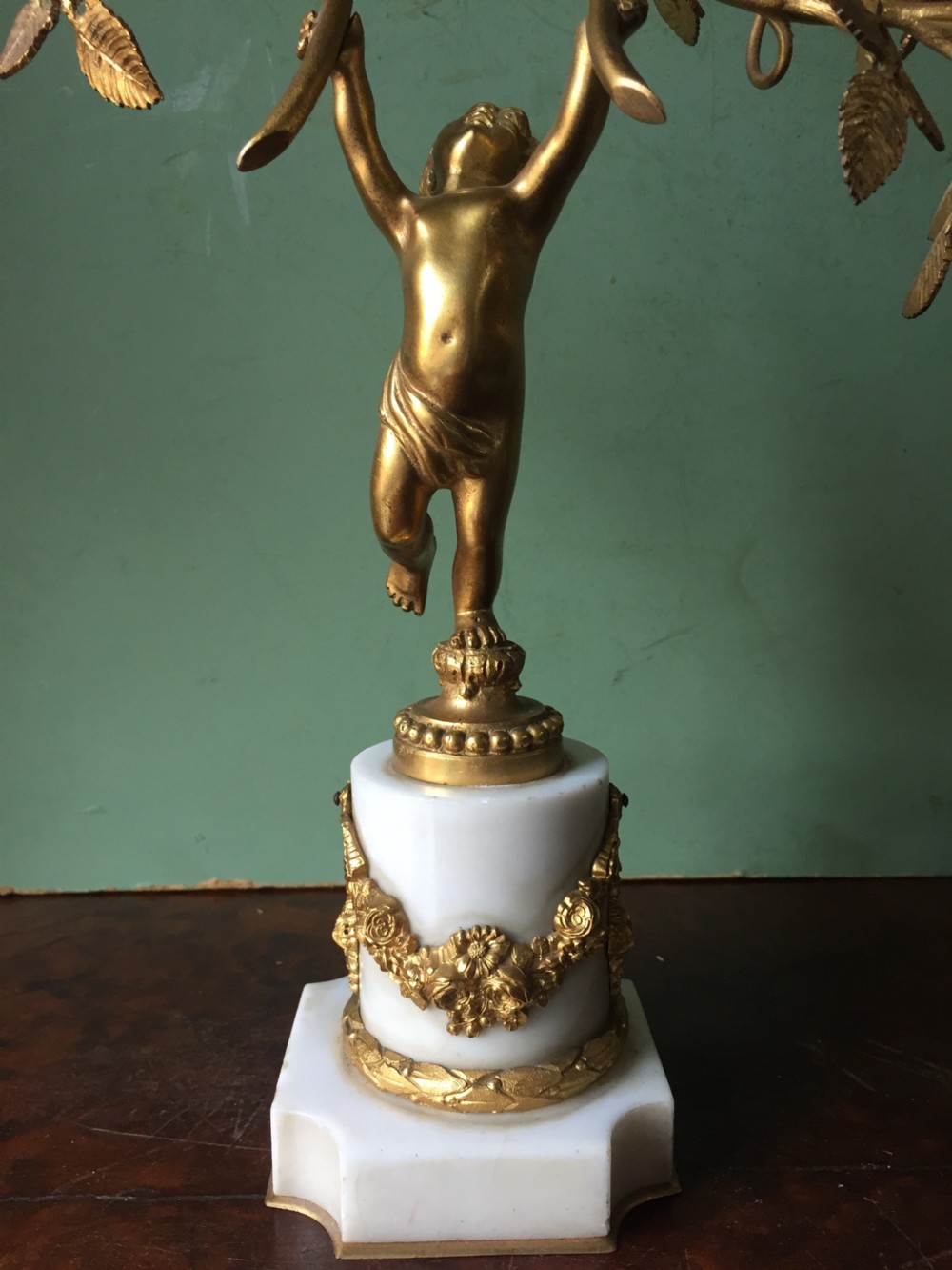 Smart quality pair of French late C19th ormolu bronze and white marble cherub candelabras. View X