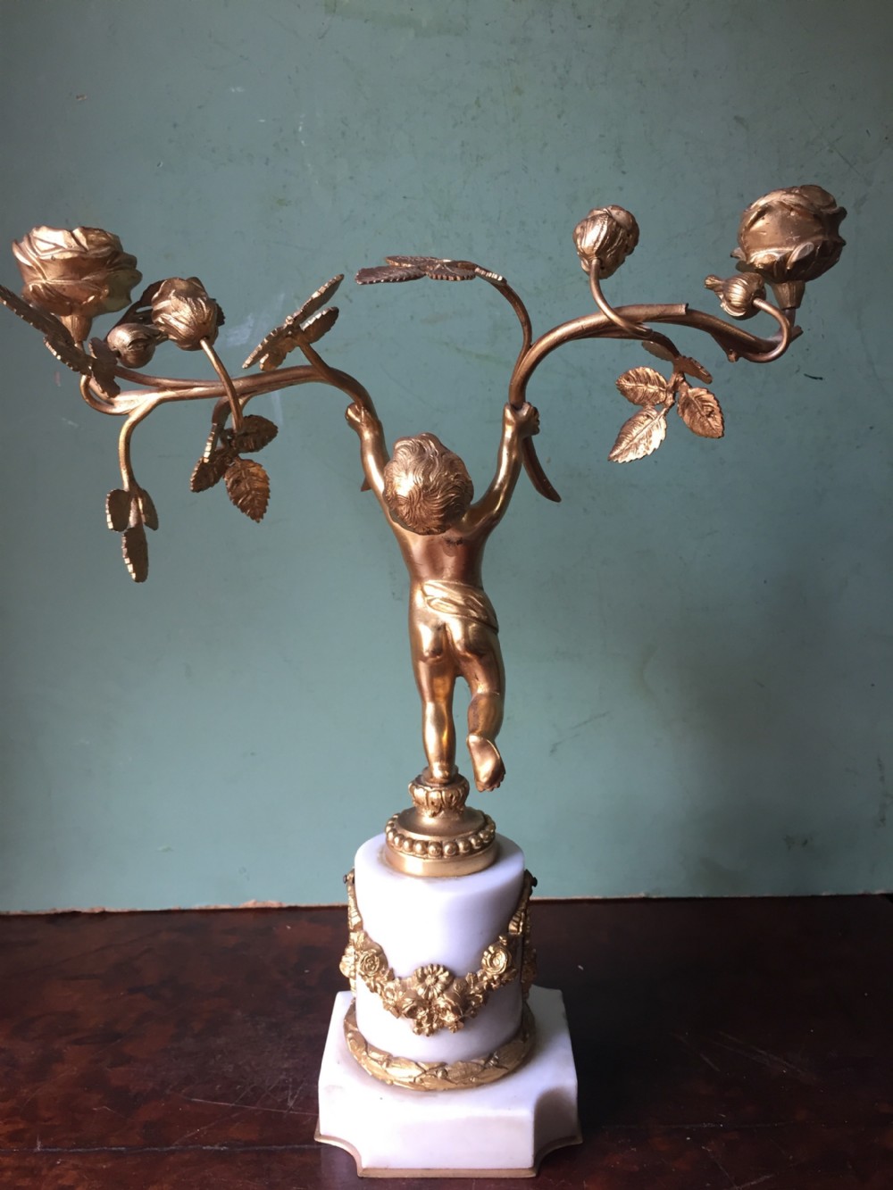 Smart quality pair of French late C19th ormolu bronze and white marble cherub candelabras. View XII