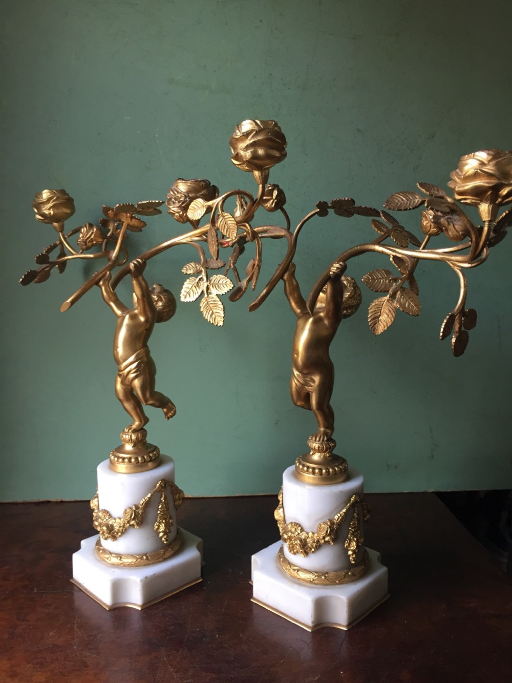 Smart quality pair of French late C19th ormolu bronze and white marble cherub candelabras. View XIII
