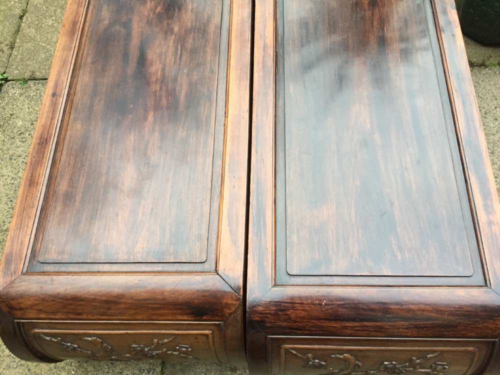 Scarce matching pair of late C19th Chinese Qing Dynasty carved hardwood or hongmu  low 'kang' or opium style tables .  View XVII
