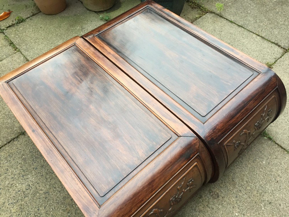Scarce matching pair of late C19th Chinese Qing Dynasty carved hardwood or hongmu  low 'kang' or opium style tables .  View XXIII