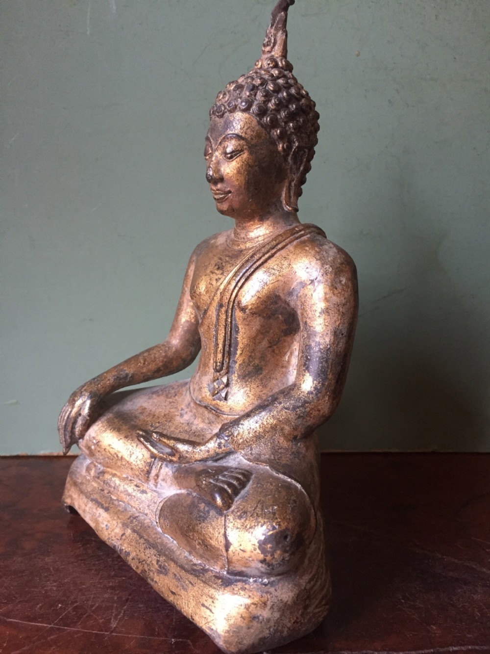 C19th Thai , Ayutthaya style gilded bronze figure of Buddha Shakyamuni . View III