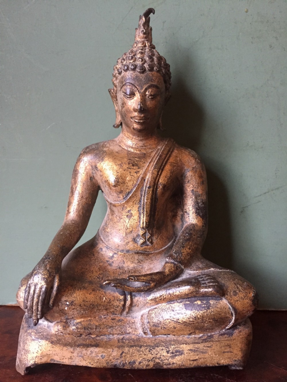 C19th Thai , Ayutthaya style gilded bronze figure of Buddha Shakyamuni . View X
