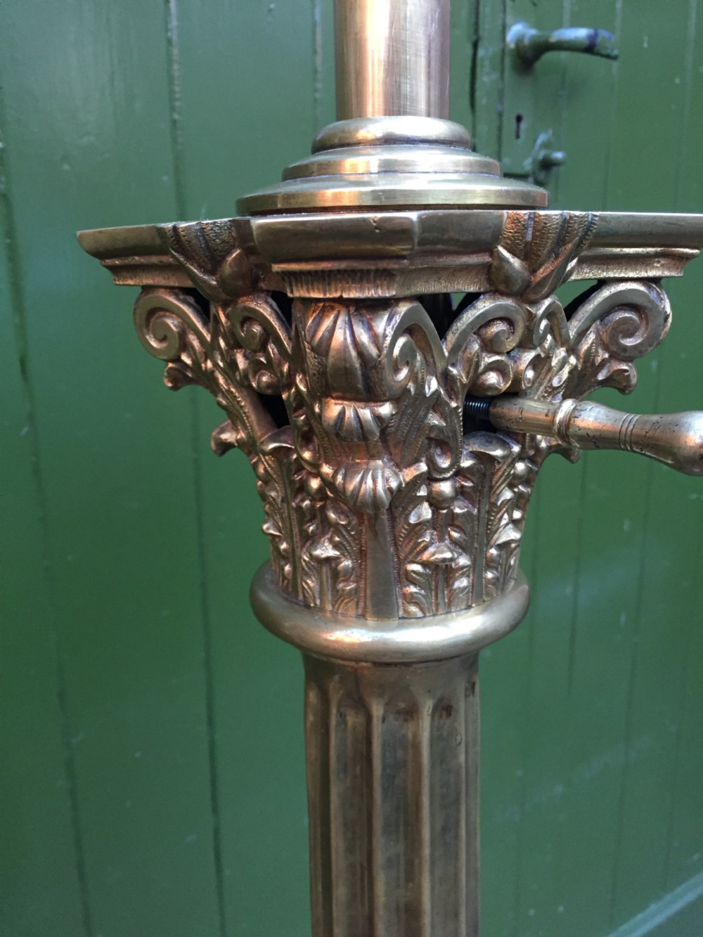 Imposing late C19th/ early C20th Edwardian period brass Corinthian capped fluted column telescopic height standard lamp . View IV