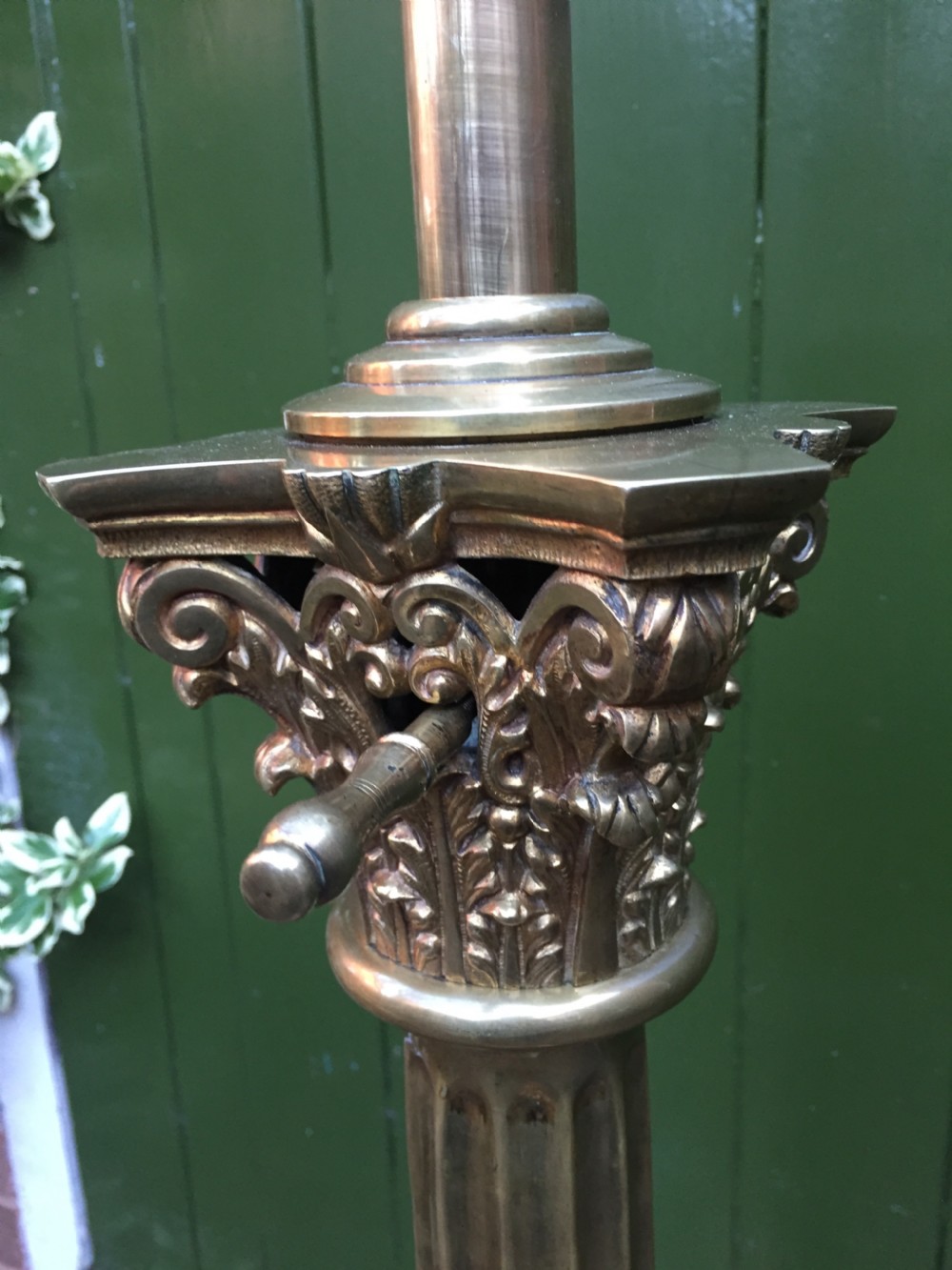 Imposing late C19th/ early C20th Edwardian period brass Corinthian capped fluted column telescopic height standard lamp . View IX