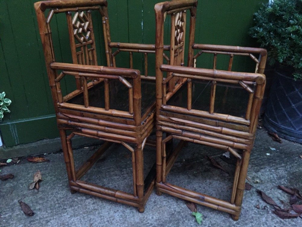 Decorative pair of early C20th Chinese polished bamboo and lacquer armchairs and table in the C18th manner  . View XV