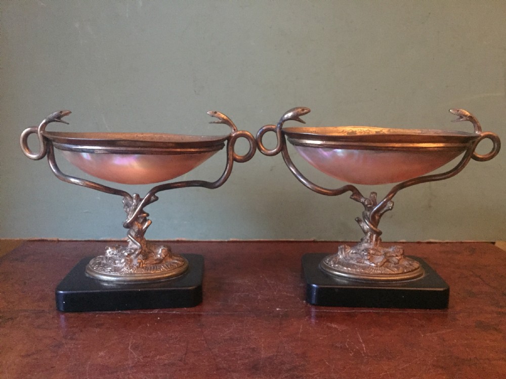 Pair of C19th French gilded bronze and shell dished tazzas or bonbonières. View II