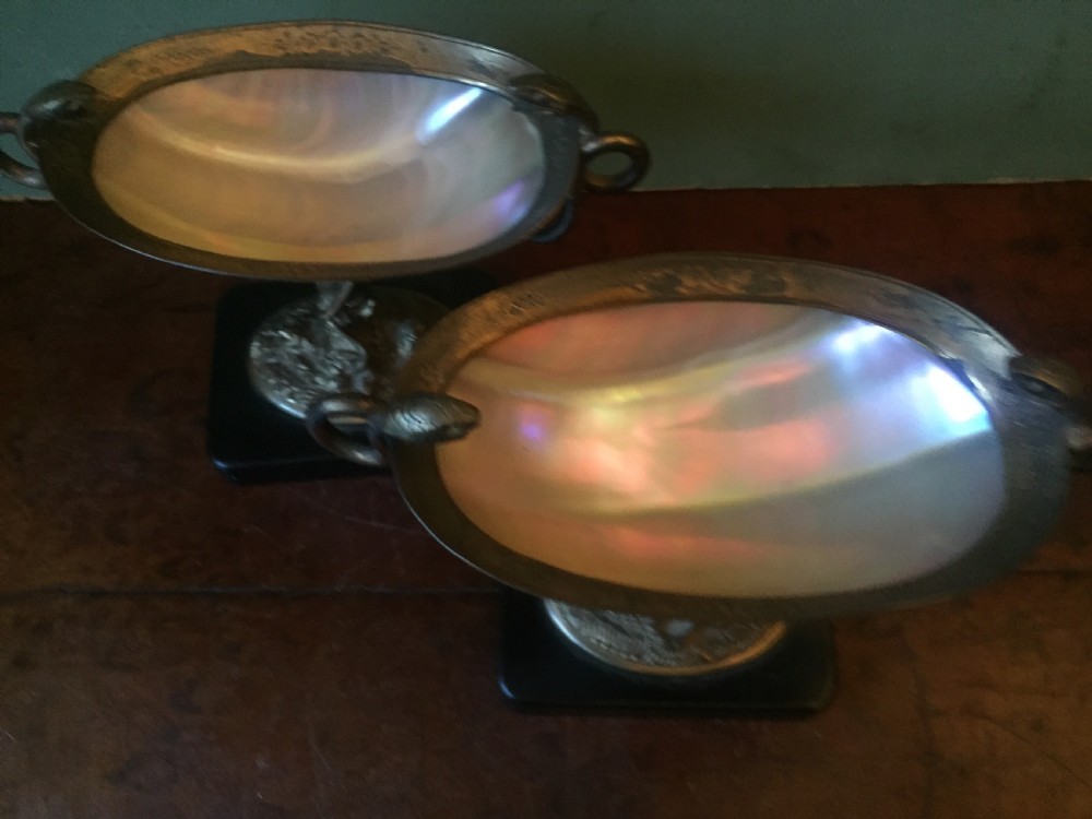 Pair of C19th French gilded bronze and shell dished tazzas or bonbonières. View V