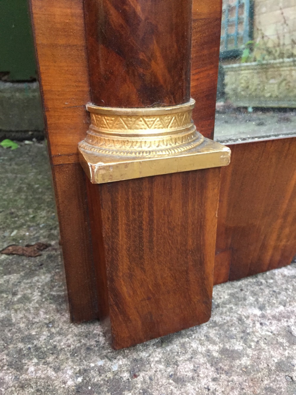 Early C19th Baltic region mahogany framed pier mirror with parcel-gilt column caps and bases . View V